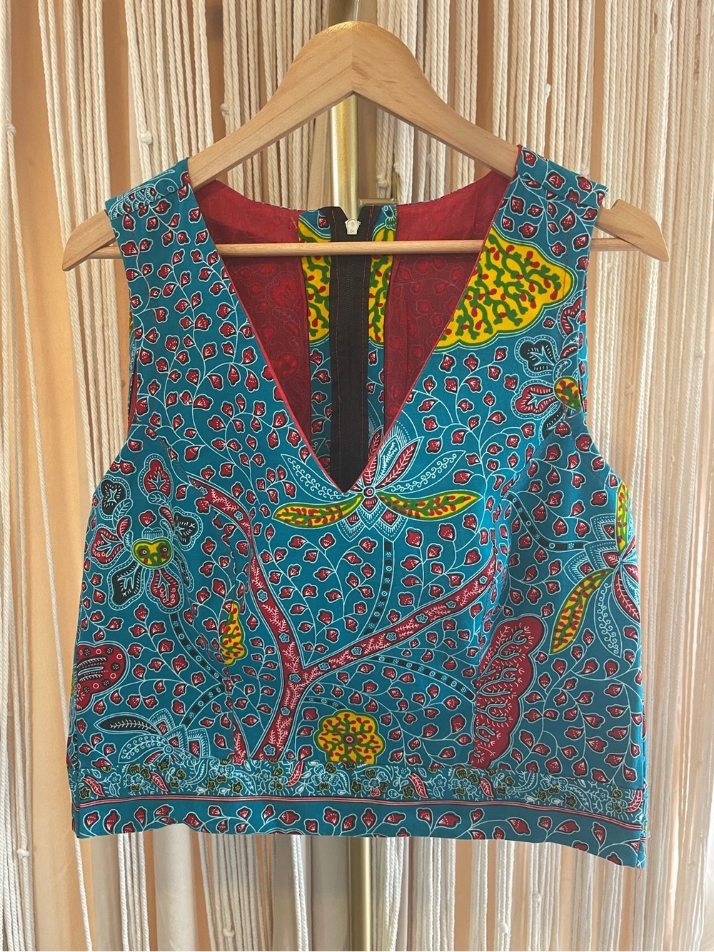 Handmade Ankara print V-neck sleeveless cotton top V-neck zip closure multicolor